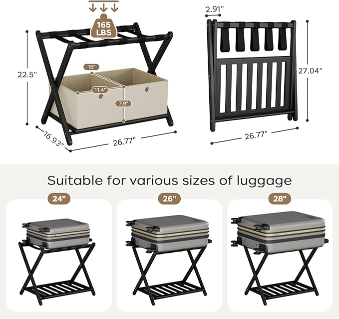 2 Pack Fully Assembled Black Luggage Racks with 4 Storage Boxes, Bamboo 26.77" Foldable Suitcase Stand for Guest Room with 5 Nylon Straps, Luggage Rack Holder with Shelf for Bedroom Hotel