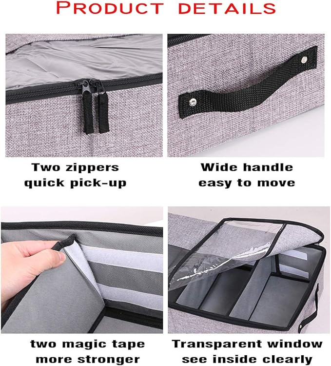 AARAINBOW Foldable Under Bed Clothes Organizer with Lid, Fabric Underbed Storage Container with Adjustable Dividers, Long UnderBed Storage Bins with Handles, Clear Shoes Storage Under Bed (2 Gray)