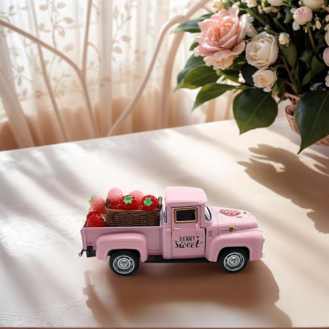 4.9″ Mini Vintage Strawberry Pink Metal Farm Truck Decor with Fake Strawberries, Home Kitchen Centerpieces for Tables Farmhouse Pickup Tiered Tray Stand Decorations, Spring & Christmas Desk Display
