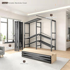 Heavy Duty Portable Closet with Cover Magnetic Doors, Metal Rolling Clothes Rack Heavy Duty 1500LBS, Foldable Clothing Rack, Garment Racks for Bedroom/ LivingRoom/ Rental (KT Woodgrain Black, 66.14in)