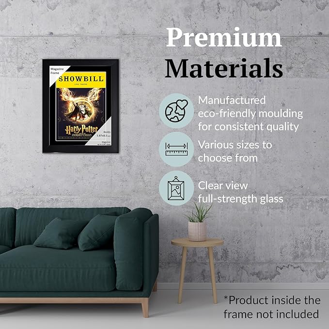 Creative Picture Frames 5.87 x 8.5 Magazine Theatre Show Frame with Full-Strength Glass, Holds Up To A 1/4" Thick Media with Installed Hangers for Easy Mounting, 8x10 Black Frame with Black Mat