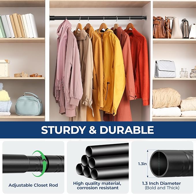 Mavivegue Closet Rods for Hanging Clothes,17 to 57 Inches Stepless Adjustable Metal Closet Rod, Heavy Duty Tension Rod, Extra Long Tension Rod, Adjustable Curtain Rod, for Closet, Black