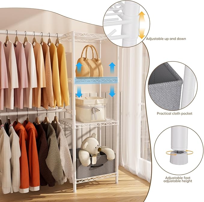 Coat Rack Clothes Wardrobe：Closet Organizer and Storage Clothing Garment Rack with Shelves Heavy Duty for Hanging Clothes Portable Adjustable White 15.8" Dx(70-88.5)" Wx76.5 H