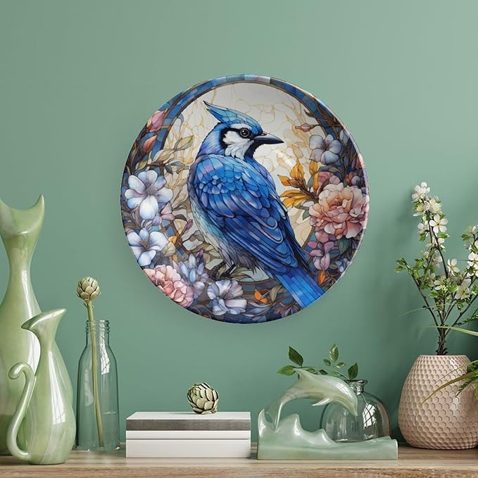 Blue Jay and Flowers Stained Glass Painting Decorative Plates Home Decor Ceramic Plates, Dinner Plates Display for Kitchen, Hallway Console Side Table, Presents for Blue Jay Lovers, 6 Inch