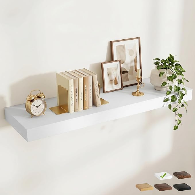 FLYJOE 48 Inch Long Floating Shelves for Wall Set of 1, 12" D Wood Grain Bathroom Shelves with Invisible Brackets, Easy Install Engineered Wood Storage Shelves for Kitchen, Living Room, Bedroom