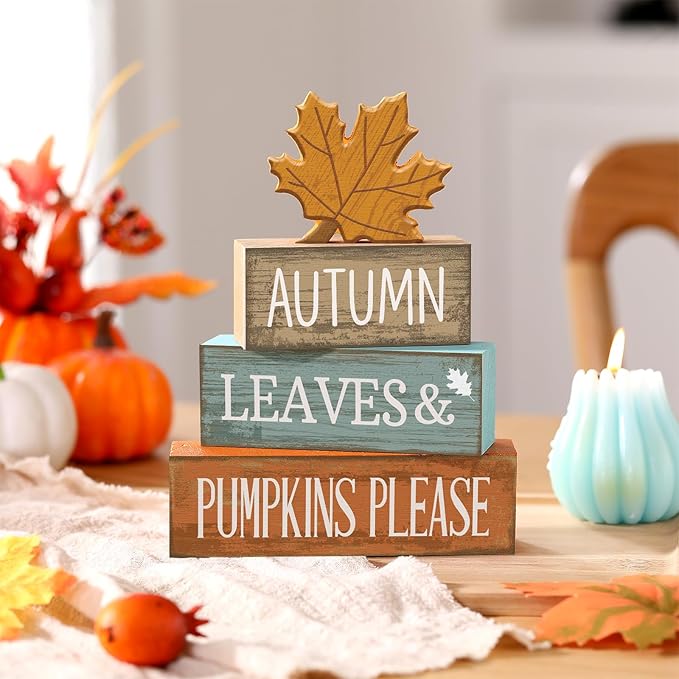 Lineshading 4 Pcs Fall Decorations for Home Thanksgiving Decor Wooden Maple Leaf Fall Table Centerpiece Autumn Tiered Tray Rustic Wood Maple Leaf Block Sign Farmhouse for Home Kitchen Shelf