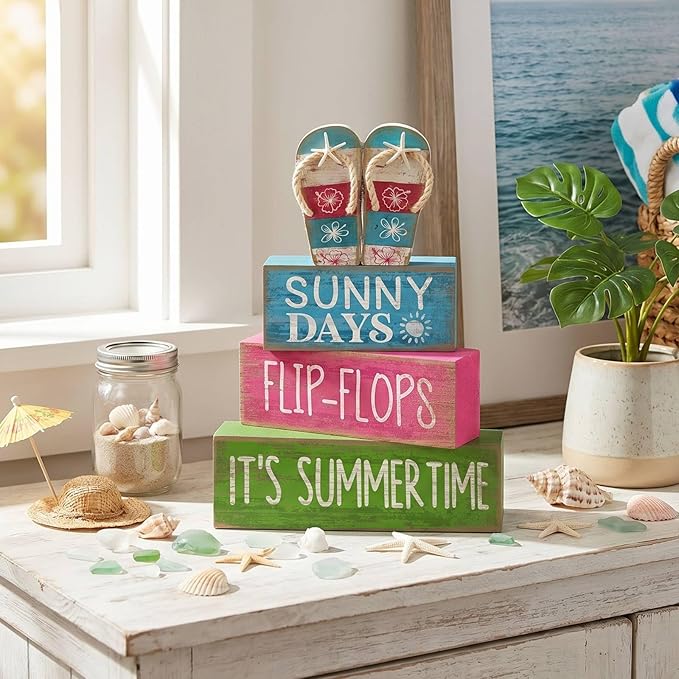 Lineshading 4 Pcs Summer Table Decorations Wooden Flip-flop Stacked Block Decor, "Sunny Days It's Summertime" Signs with Beach Sandal Topper, Rustic Coastal Tiered Tray Decoration for Home Coffee Bar