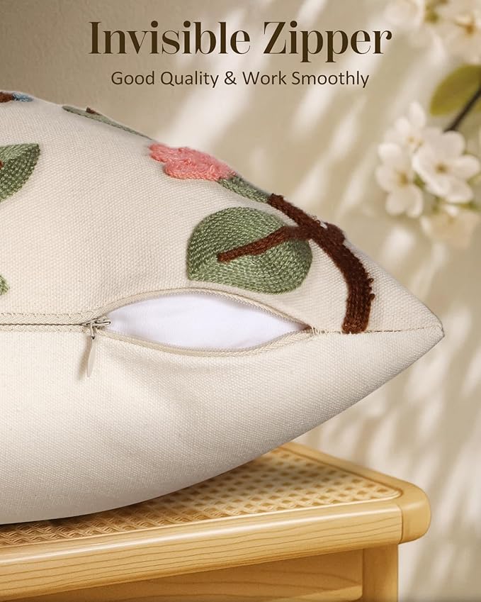 Embroidered Lumbar Pillow Cover 20x12 Inch - Spring Summer Boho Decorative Pillow Cover with Zipper for Living Room Couch Sofa Bed Aesthetic Design Bird Lemon Cushion Pillowcase