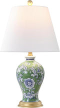JONATHAN Y 24" Green/White French Country Ceramic Floral Urn Table Lamp, White Linen Shade, Chinoiserie Ginger Jar Bedside Lamp for Living Room Bedroom, LED Bulb (JYL3009F)