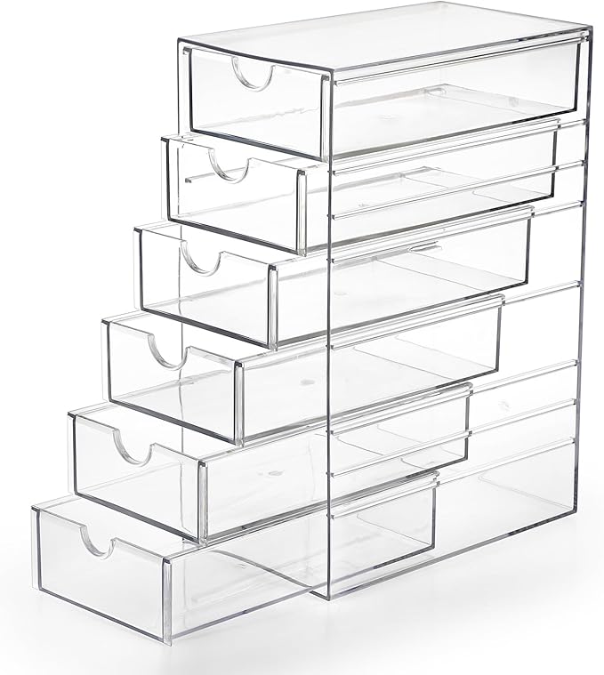 Hipiwe Plastic Drawer Organizer Clear Desktop Drawers Box with 6 Pull Out Drawer Compact Storage Box for Cabinet Vanity Bathroom Bedroom Pantry Shelf Office Closet Organization