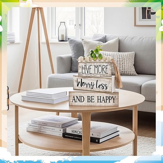 Moucuny 4 Pcs Inspirational Farmhouse Table Decor Rustic Stacked Wooden Block Sign - Live More Worry Less Be Happy Centerpieces Set with Beaded Tassel and Artificial Plant for Home, Office, Shelf Gift