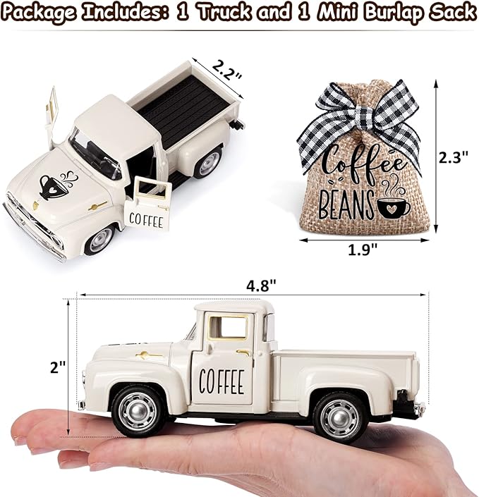 Huray Rayho Coffee Decor for Coffee Bar Metal Truck with Coffee Beans Burlap Sack Vintage Pickup Farmhouse Coffee Station Tabletop Tiered Tray Decor Mini Diecast Truck Decorations