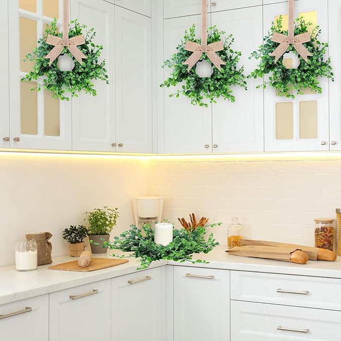 4 Pcs Mini Spring Wreaths Boxwood Table Centerpieces Green Pillars Candle Rings Wreaths 9 Inch Wreath for Cabinets Farmhouse Wreath with Ribbon for Front Door Porch Wall Window Decoration