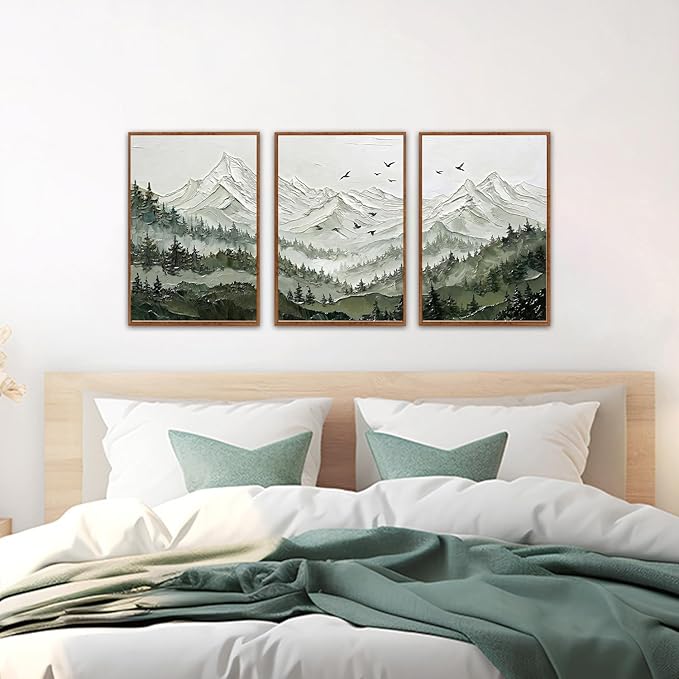 KAlRNE Natural Mountain Framed Canvas Wall Art Set of 3(16”X24”),Textured Sage Green Wall Decor,Neutral Watercolor Forest Picture Snowy Landscape Art Prints For Living Room Bedroom Office