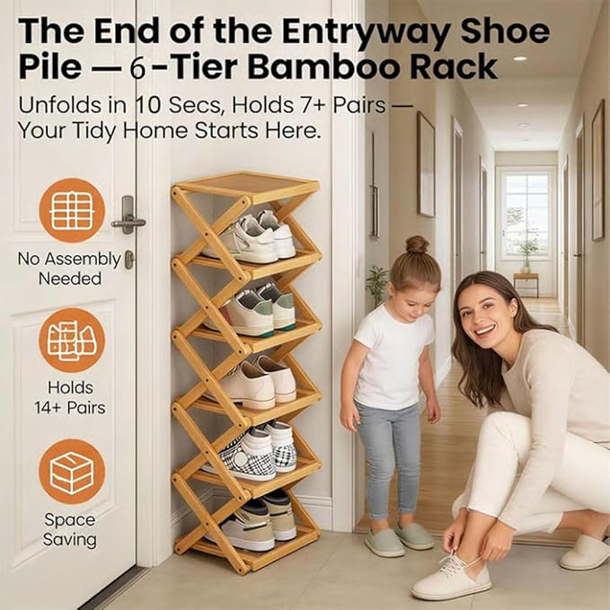 The 9-Tier No-Assembly Bamboo Rack, Foldable Stackable 9 Tier Bamboo Shoe Rack Vertical Storage Sturdy & Stable, Tall Narrow Space-Saving Expandable Shoe Rack for Entryway Closet Dorm (Brown,5 Tiers)