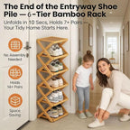 The 9-Tier No-Assembly Bamboo Rack, Foldable Stackable 9 Tier Bamboo Shoe Rack Vertical Storage Sturdy & Stable, Tall Narrow Space-Saving Expandable Shoe Rack for Entryway Closet Dorm (Nature,6 Tiers)