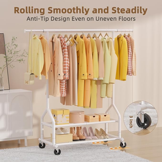 EAGMAK Heavy Duty Clothes Rack Load 556 LBS, Rolling Clothing Rack With Shelves, Height Adjustable Metal Clothes Hanger with Wheels Portable Wardrobe Organizer Garment Rod for Hanging Clothes (White)