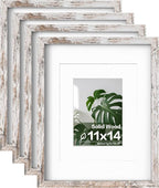 Egofine 11x14 Picture Frame Rustic White 4 Pack - Photo Frame Made of Solid Wood Covered by Plexiglass for Table Top Display Pictures 5x7/8x10 with Mat or 11x14 Without Mat - with Wall Mounting