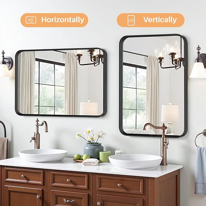 Bathroom Mirror for Wall, 36x24 Inch Rounded Rectangle Mirror, Black Metal Framed Bathroom Vanity Mirror for Restroom Farmhouse, Anti-Rust, Tempered Glass, Horizontally or Vertically Hanging