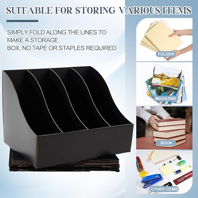 3 Pack Cardboard Magazine File Holders 12 Grids Vertical Book Bins 10.6'' x 10.2'' x 14'' Magazine Document Storage Box for Desk Shelves Home Office Classroom Library Use (Black)