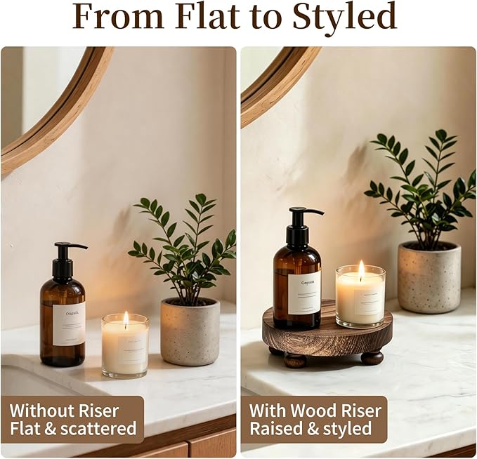 Romadedi Farmhouse Wood Riser for Display- 2 pcs Rustic Decor Mini Wooden Pedestal Decorative Round Tray for Home Table Bathroom Counter Shelf Kitchen, Brown