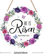 Harooni Easter Wall Hanging Decoration Sign, 12x12 Inch, He is Risen Wreath, Floral, Vertical, Unframed, Wooden, Indoor and Outdoor, Religious Holiday, Entryway