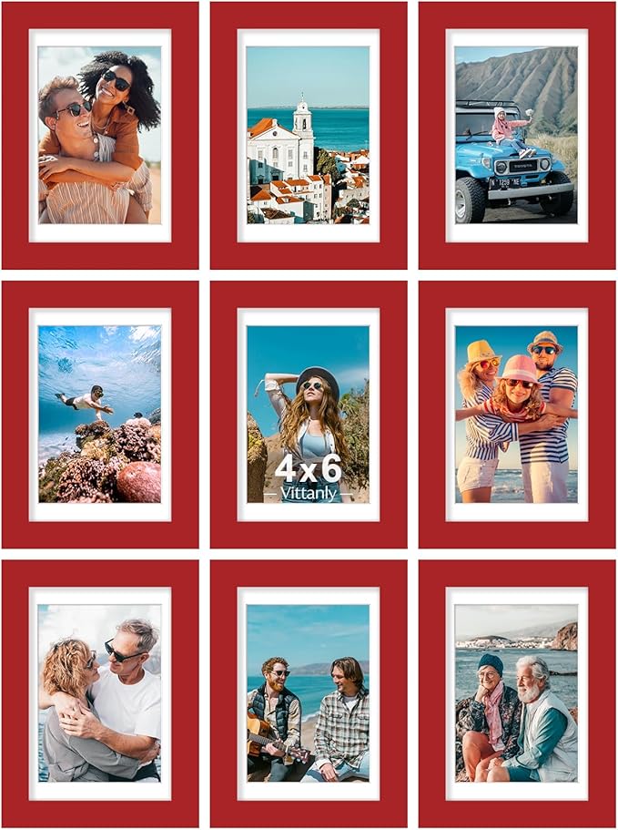 Vittanly 4x6 Picture Frames Set of 9, Shatter Resistant Plexiglass, Display 3.5x5 Pictures with Mat or 4x6 without Mat, Photo Frames for Wall or Tabletop, Engineered Wood, Red