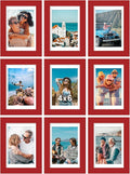 Vittanly 4x6 Picture Frames Set of 9, Shatter Resistant Plexiglass, Display 3.5x5 Pictures with Mat or 4x6 without Mat, Photo Frames for Wall or Tabletop, Engineered Wood, Red