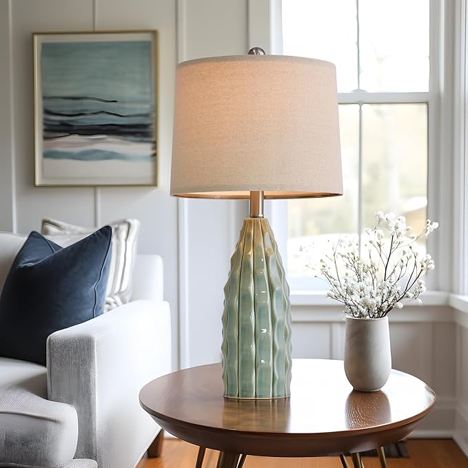 USumkky Ceramic Table Lamps Set of 2, 23.75" Modern Farmhouse Bedside Lamp - Green Nightstand Lamps for Bedroom, Boho Living Room End Tables, Small Office Desk Lamp Decor
