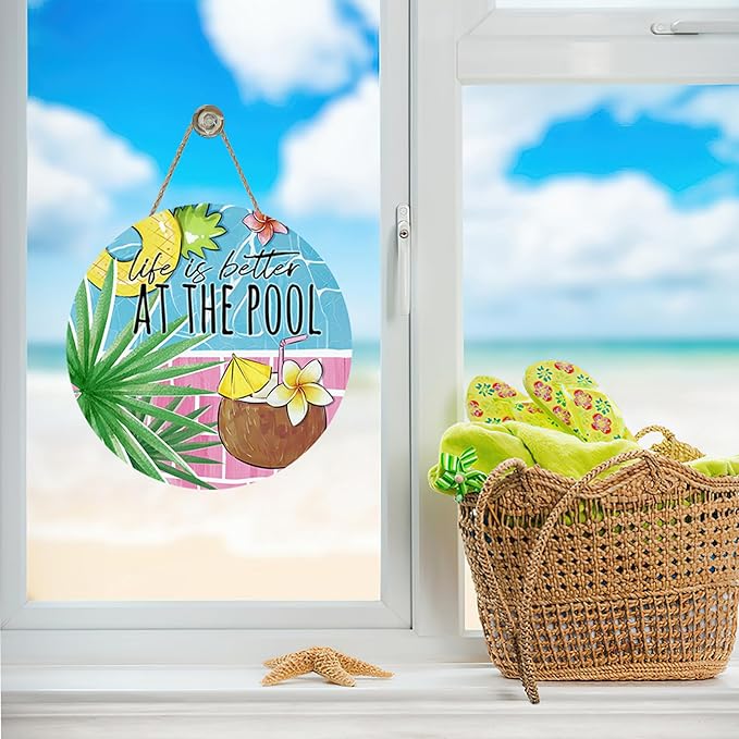 Summer Life is Better at The Pool Front Door Sign, Tropical Coconut Palm Leaves Wood Plaque Hanger Outdoor Outside Porch Home Decor, Swimming Ring Wooden Wreath Indoor Wall Hanging Decoration