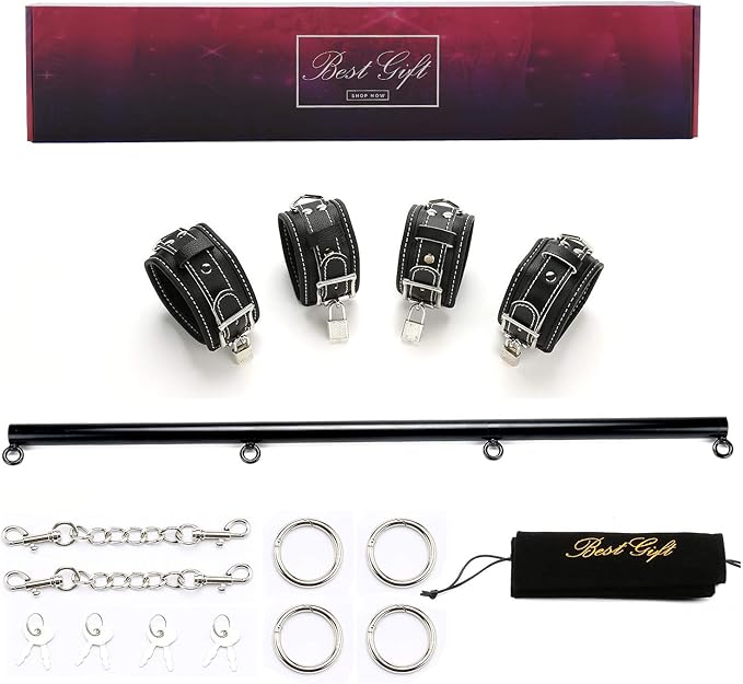 EXREIZST Expandable 3 in 1 Spreader Bar Set with Bag and 4 Premium Soft Pad Leather Straps with 2 Chains Adjustable Home Yoga Bar Kit, Black