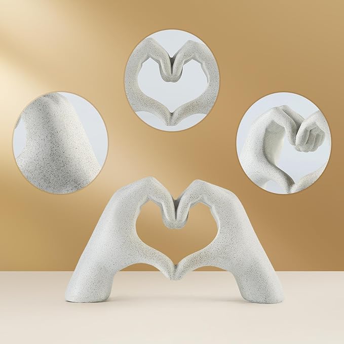 White Heart Hands Sculpture - 9.4" W Modern Home Decor Sculpture for Shelves, Desk & Living Room, Minimalist Shelf Decorations, Heart Hands Decor