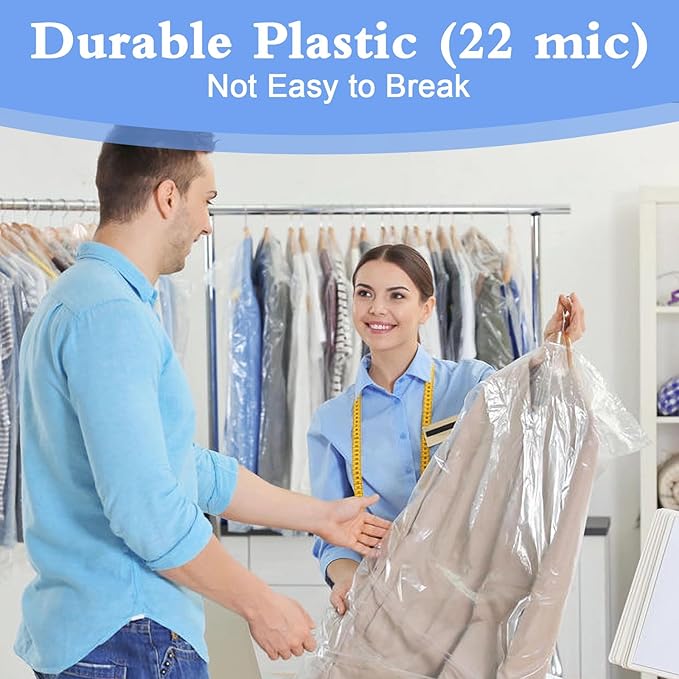 100 Pack Dry Cleaning Bags, 60x120 cm Clear Plastic Garment Bags for Dry Cleaner, Home Storage, Travel, Moving - Dust-proof