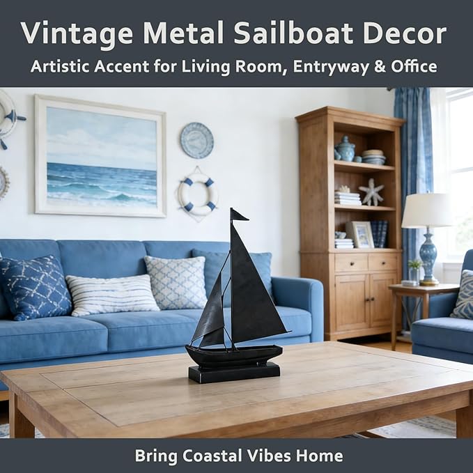 Retro Metal Sailboat Decor, Iron Nautical Sculpture for Home, Vintage Boat Figurine for Living Room Table, Office Desk, Bookshelf, Coastal Style Decoration (Dark Gray)