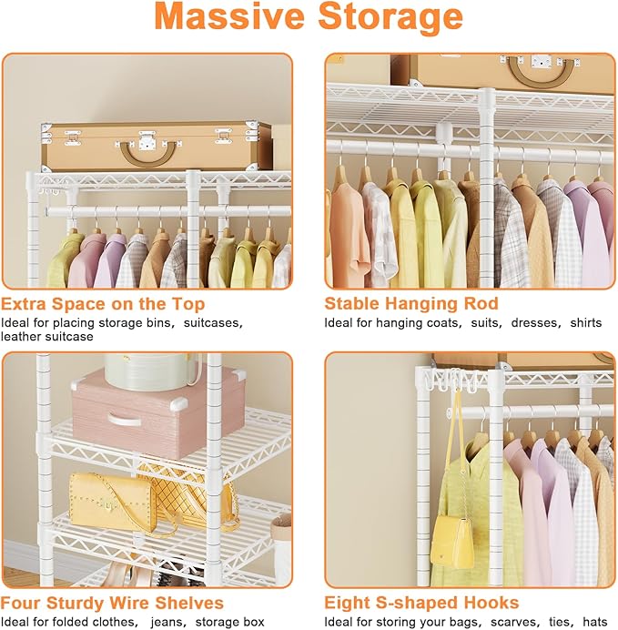 Ulif F4R Heavy Duty Clothes Rack（With Lockable Wheels ） Rolling Clothing Racks for Hanging Clothes，Adjustable Closet Organizer System，Portable Garment Rack 45"W x 15.8"D x 73.5"H，Max Load 650LBS，White