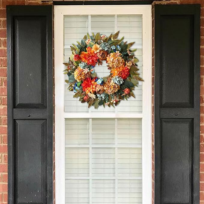 WANNA-CUL 24 Inch Spring Hydrangea &Peony Wreaths for Front Door, Summer Fall Door Wreath with Orange Dahlia Flowers for Wedding or Indoor&Outdoor Decoration