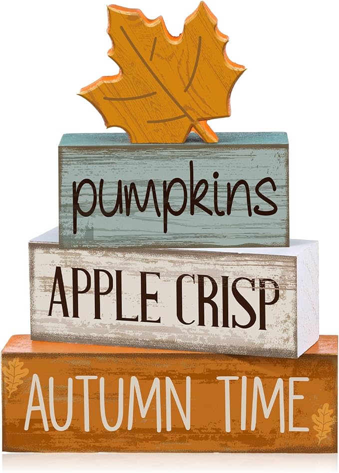 Lineshading 4 Pcs Fall Decoration for Home Wooden Maple Leaf Fall Tiered Tray Decor Thanksgiving Table Centerpiece Rustic Decorative Maple Leaf Block Signs Gift Farmhouse Autumn Decoration for Home