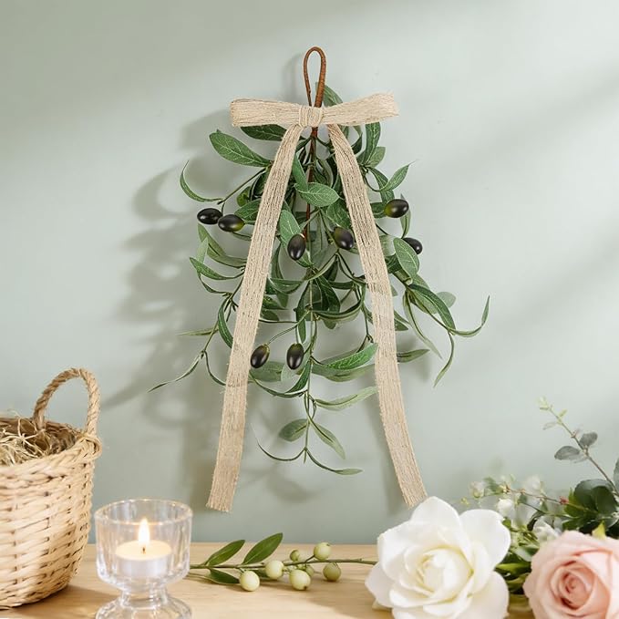 4 PCS Spring Summer Teardrop Swag Chandelier Rings Wreaths Decoration with Bow Artificial Green Olive Sconce Lighting Swag Wreath Greenery Candlestick Wreath for Farmhouse Wall Cabinet Holidays Decor