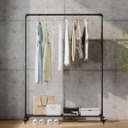 Industrial Pipe Clothing Rack with Wheels,Rolling Garment Rack with Bottom Shelf, Sturdy Metal Clothes Rack for Hanging Clothes Heavy Duty,Black Mobile Wardrobe Rack for Bedroom & Boutique