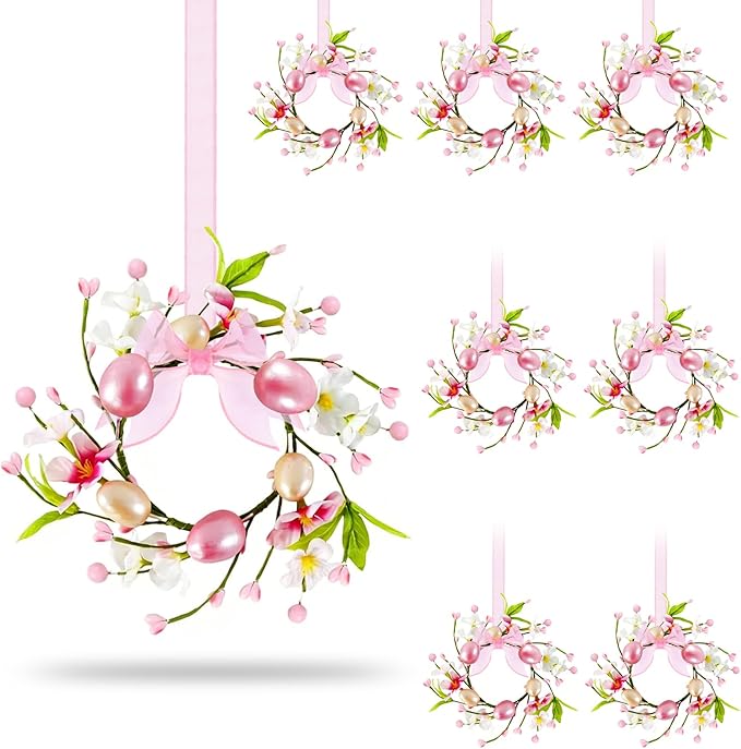 8 PCS Small Easter Wreaths for Kitchen Cabinet Mini Artificial Easter Egg Flower Wreath for Front Door Spring Summer Hanging Wreath with Pink Ribbon Berry for Home Porch Wall Window Farmhouse Decor