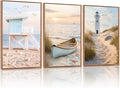 KAlRNE Coastal Ocean Wall Art Set of 3(16’’X24’’),Framed Pastel Canvas Prints with Lighthouse & Boat Paintings, Neutral Coastal Scenery Pictures for Living Room Bedroom, Large Beach Wall Art Framed