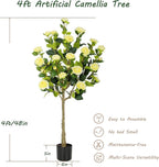 Bellacat 4ft Artificial Camellia Tree with Silk Yellow Flowers, 48in Faux Camellia Plant with Lifelike Trunk, Fake Flower Tree Potted Front Door Plants for Porch Patio Deck Living Room Decor, 2Pack
