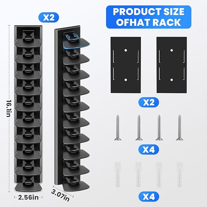 Baseball Cap Storage Rack Wall Mounted - 2-Pack - Holds 40 Caps, Space-Saving Storage and Display Rack - Strong Adhesive Wall Mount - No Drilling Required for Wall and Door Installation (Black)