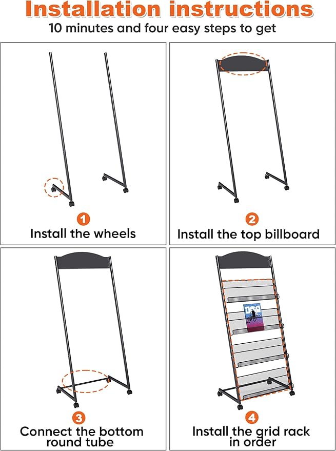 Baoz Magazine Rack Floor-Standing 4-Layer, Brochure Display Stand, Detachable Magazine Display with Wheels, High-hardness Metal Magazine Holder for Exhibitions, Office, Shopping Malls