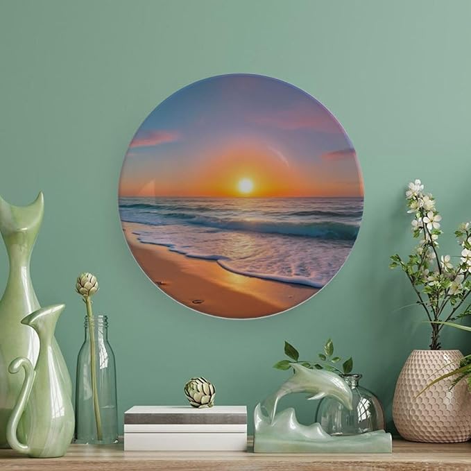 Sunrise Theme Decorative Ceramic Plate Round Porcelain Plate,8 inch,Beach Pattern,for Decorative Ornaments Giving Plates,1 Plate with 1 Display Stand,Orange Yellow
