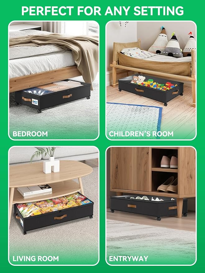 2Pack Under Bed Storage with Wheels, 58L XXL UnderBed Shoe Storage Containers, Clothes Organizer & Bedroom Furniture Organizers, Foldable Home Storage Bins for Bedroom Organization - Classic