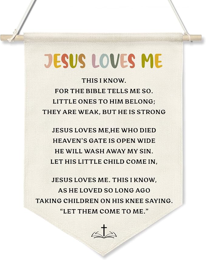 Jesus Loves Me Canvas Wall Hanging Banner for Kids,Christian Bible Verse Poster with Wood Rod, Nursery Sunday School Decor, Religious Gift for Baby or Toddler, 11x16 Inch (KD11)