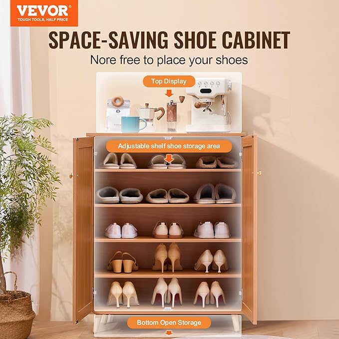 VEVOR Rattan Shoe Cabinet, 5 Tiers Shoe Storage Organizer with 2 Doors and Adjustable Shelves, 40.35" Tall Rattan Shoe Storage Entryway Cabinet Ideal for Entryway, Closet, Hallway, Light Wood Color