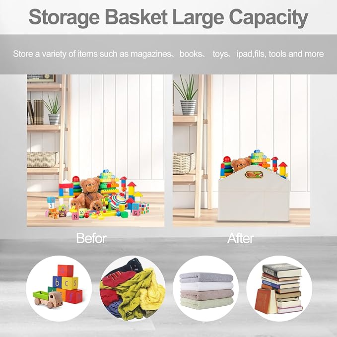 Magazine Holder PU Leather Magazine Rack Floor foldable Magazine Basket Organizer Newspaper Storage Bin Document File Holder for Home Office - white
