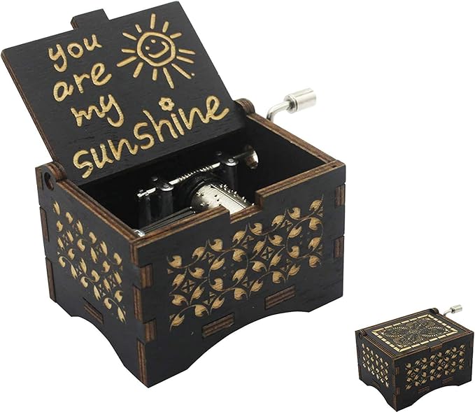 Dream Loom Wooden Music Box, Hand Cranked Laser Engraved Small Musical Boxes for Kids, Play You are My Sunshine Melody